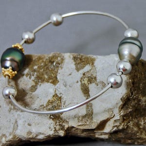 Lola - Pearl Bangle Bracelet Features Tahitian Pearls set on Argentium® Silver with Free Moving Accents, FREE SHIPPING US