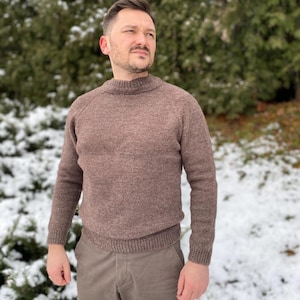 Men&#39;s wool sweater, thick wool  SWEATER, Gift for him, Basic wool sweater, hand-knitted wool jumper, brown warm sweater Size L (EU)