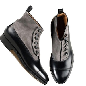 Handmade Custom Black and  Grey Suede Leather Button boots | Elegant Genuine Leather Formal Dress Boots | Men's Leather Party Wear Boot