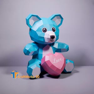 Papercraft Teddy Bear 3D SVG, Studio, modello PDF - fai da te Low Poly Paper Craft Teddy Bear con cuore per San Valentino