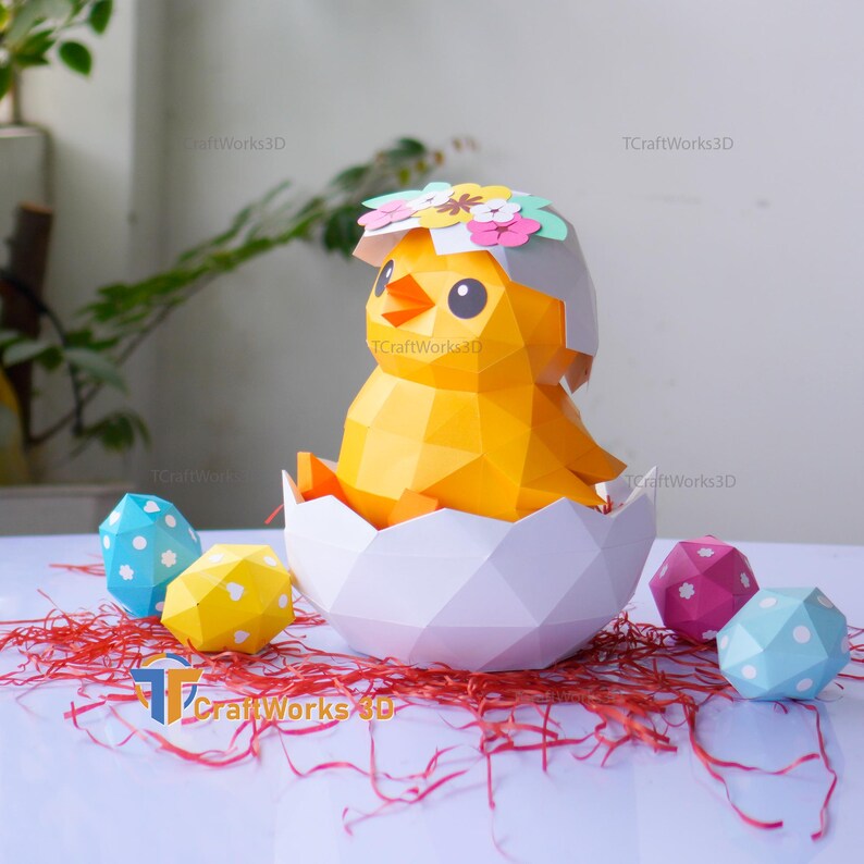 Easter Chick Papercraft SVG Template – DIY Low Poly 3D Chick With Eggs ...