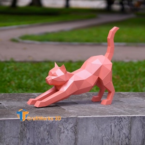 Cat Stretching Papercraft SVG PDF Template – Low Poly 3D Cat Model for Cricut, DIY Animal Sculpture for Home Decor Gift for Cat Lovers