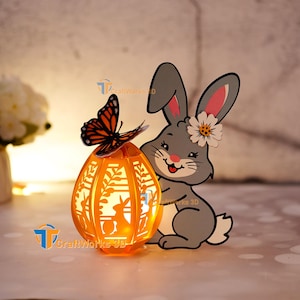 Lanterna a forma di uovo di coniglio PDF, SVG, modello di studio - Lanterna a forma di uovo di Pasqua con coniglietto per decorazioni pasquali - Modello fai da te di carta tagliata per Pasqua