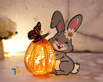 Bunny Easter Egg Lantern Template, Paper Cut Design (PDF, SVG, Studio)