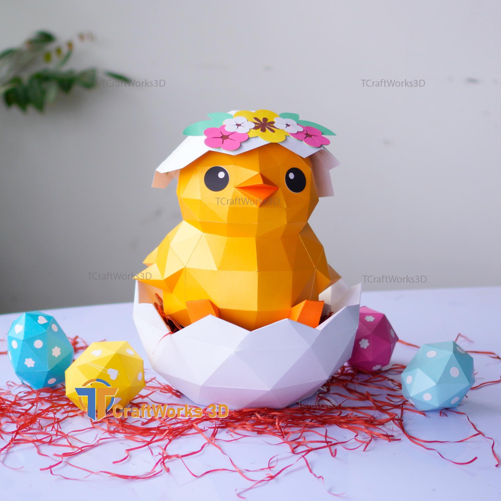 Easter Chick Papercraft SVG Template – DIY Low Poly 3D Chick With Eggs ...