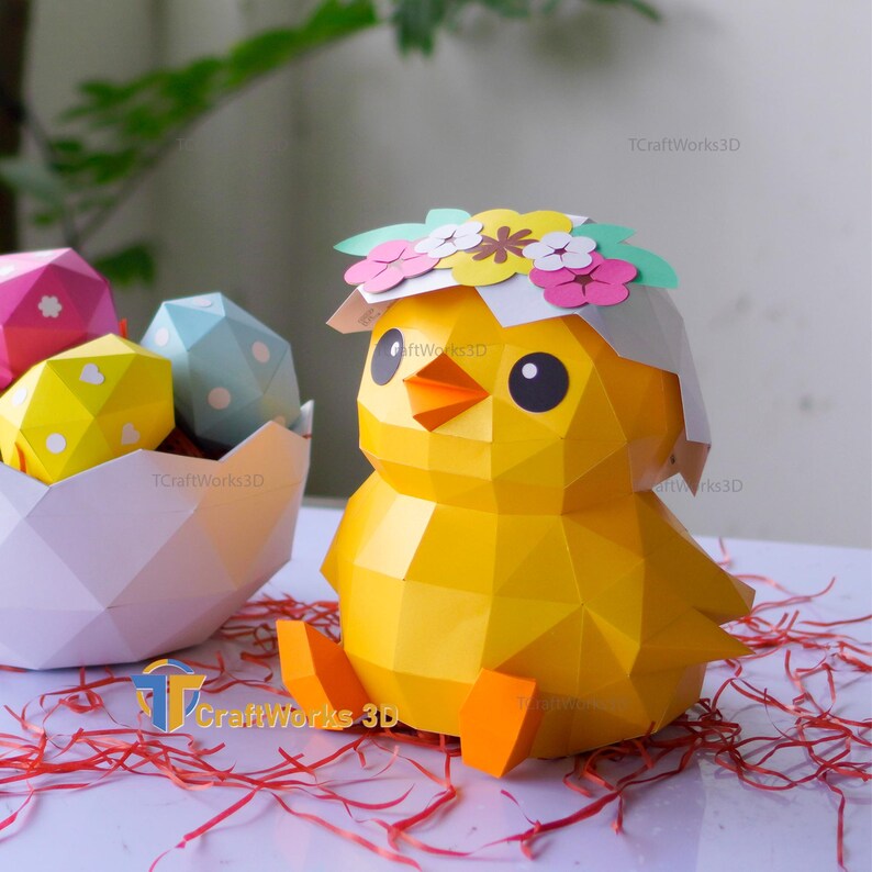 Easter Chick Papercraft SVG Template – DIY Low Poly 3D Chick With Eggs ...