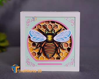 3D Bee Shadow Box Template, Layered Papercut (SVG, PDF, Studio)
