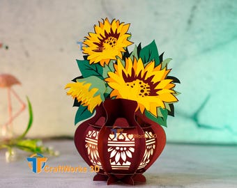 3D Sunflowers Vase Lantern SVG Template, DIY Cardstock Flower (PDF, Studio)