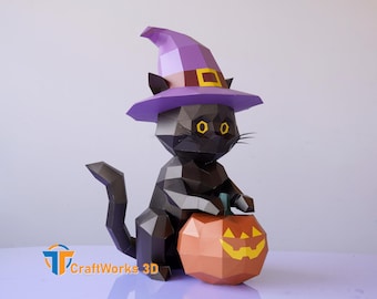 May include: A black papercraft cat wearing a purple witch hat with a gold buckle, holding an orange pumpkin with a carved face. The cat has yellow eyes and is a Halloween decoration.