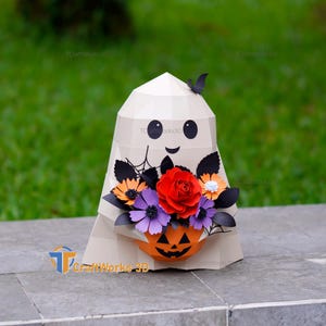 Ghost Holding Pumpkin Flower Basket SVG Template, 3D Halloween Papercraft for Cricut