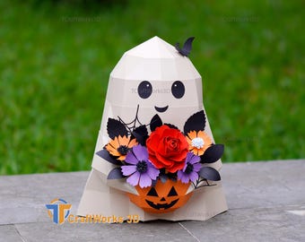 Ghost Holding Pumpkin Flower Basket SVG Template, 3D Halloween Papercraft for Cricut
