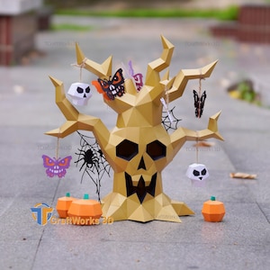 Haunted Skull Tree Papercraft SVG Template, 3D Halloween Tealight Holder, Low Poly Paper Sculpture