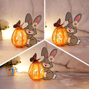 Set 3 Lanterna Uovo Coniglio PDF, SVG, Modello Studio - Lanterna Uovo di Pasqua Coniglio per Decorazioni Pasquali - Modello di Carta Tagliata di Pasqua Fai da Te
