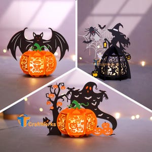 May include: Three Halloween-themed paper lanterns. One features a bat above an orange pumpkin, another a witch with a lantern, and the third a ghost with pumpkins. The lanterns are lit from within, creating a warm glow.