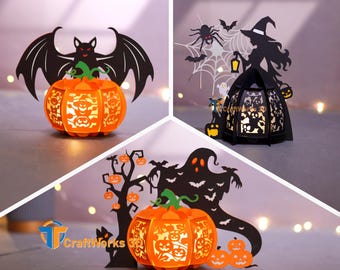 DIY Halloween Lantern Templates, Bat Ghost Pumpkin Witch (PDF, SVG, Studio)