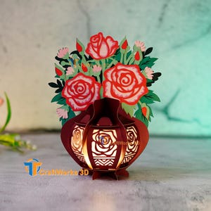 Vase rose lanterne SVG, PDF, modèle Studio, 3D papier cartonné Svg lanterne fleur, lanterne rose bricolage pour cadeaux de fête des mères