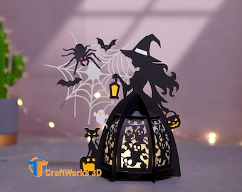 Witch Lantern PDF, SVG, Studio Template - DIY Halloween Paper Cut Template - Halloween Lantern for Home Decorations