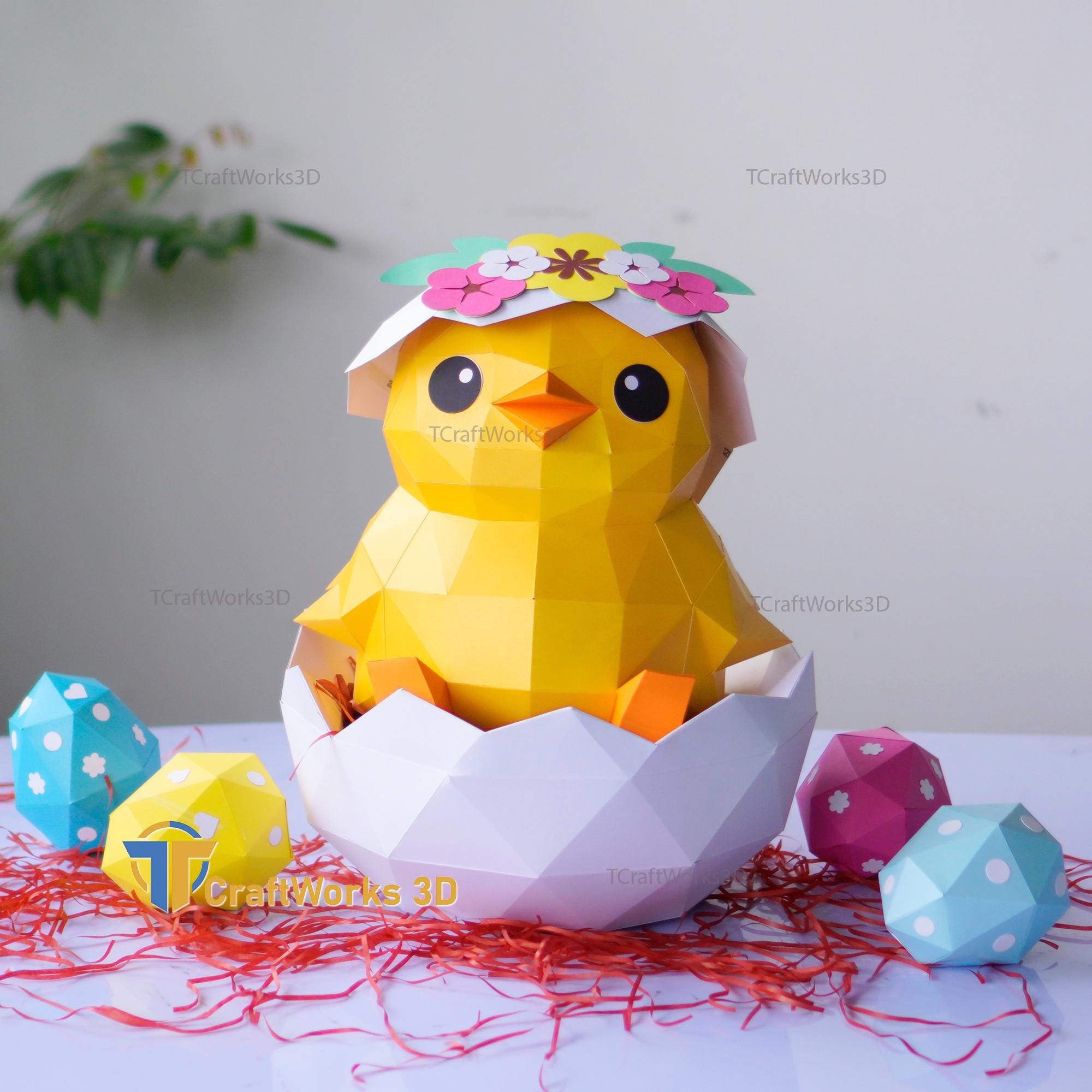 Easter Chick Papercraft SVG Template – DIY Low Poly 3D Chick With Eggs ...