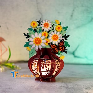 Vase lanterne Marguerite SVG, PDF, modèle Studio, papier cartonné 3D Svg fleur de lanterne, lanterne fleur Marguerite bricolage pour cadeaux de fête des mères