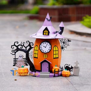Pumpkin Witch Clock House SVG Template, Haunted Tree and Ghost, 3D Halloween Papercraft