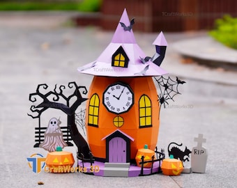 Modello SVG di casa con orologio a forma di zucca e strega, albero infestato e fantasma, papercraft 3D di Halloween