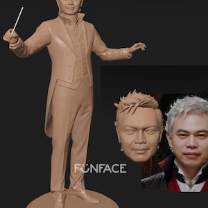 May include: A tan sculpture of a man in a conductor's outfit, holding a baton. The sculpture is on a circular base. The image also includes a face sculpture and a photograph of a man. The text "FUNFACE" is visible.