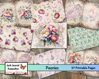Peonies, Junk Journal, Digital Download, Scrapbooking, Vintage, Floral, Botanical, Ephemera