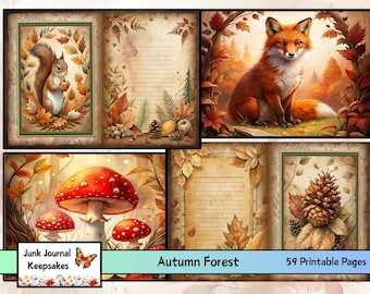 Autumn Forest, Junk Journal Kit, Scrapbooking, Card Making, Instant Digital Download, Autumn, Forest Animals, Ephemera
