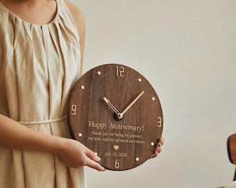 Personalized Walnut Wood Wall Clock, Minimalist Japandi Home Decor, Silent Movement