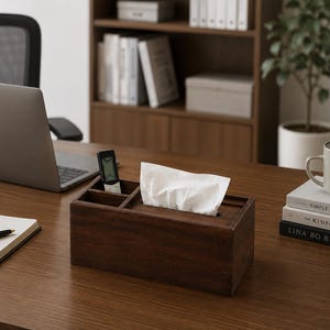 May include: A rectangular dark brown wooden tissue box holder featuring a built-in storage compartment on the left side. The holder contains a stack of white facial tissues protruding from the top slot, with a black remote control placed inside the side storage section.