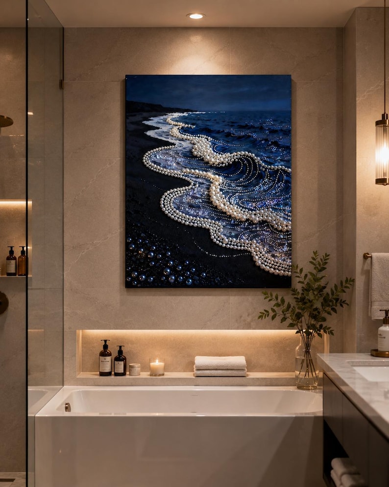 May include: A rectangular wall art piece depicting a dark ocean scene at night where the crashing waves are composed of numerous white pearls. The deep blue and black water contrasts with the luminous, spherical white pearls along the shoreline.