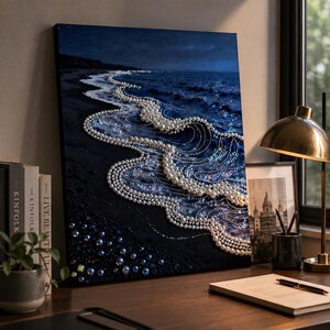 May include: A square canvas painting depicting a dark ocean shoreline at night. The waves are rendered with white pearl beads forming crests and foam patterns against a deep blue sea. The sandy beach is textured with scattered dark blue pearls.