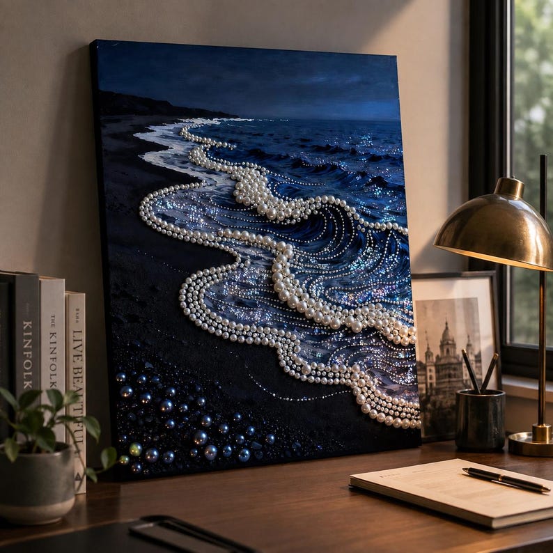 May include: A square canvas painting depicting a dark ocean shoreline at night. The waves are rendered with white pearl beads forming crests and foam patterns against a deep blue sea. The sandy beach is textured with scattered dark blue pearls.