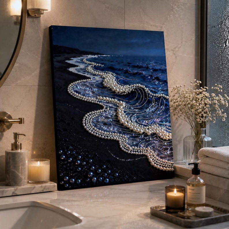 May include: A rectangular canvas painting depicting a dark blue ocean scene at night. The waves are formed by rows of white spherical pearls, while the dark sandy beach in the foreground is decorated with scattered dark blue and black pearls.