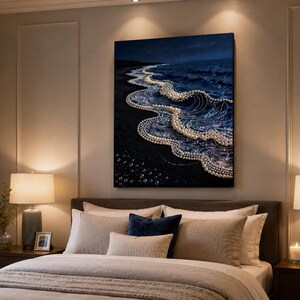 May include: A rectangular wall art print featuring a dark, moody ocean scene at night. The crashing waves are depicted as strings of white pearls flowing onto a dark sandy beach, creating a surreal contrast between the deep blue sea and gems.