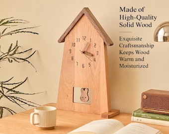 Cherry Wood House Clock, Black Walnut Hands, Minimalist Table Wall Decor