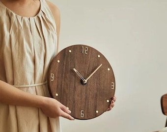 Personalized Walnut Wood Wall Clock, Minimalist Japandi Home Decor, Silent Movement