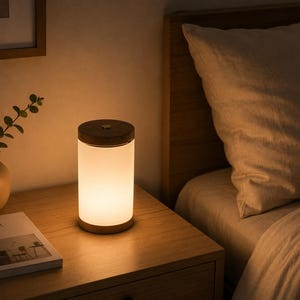 May include: A cylindrical table lamp with a frosted white glass body and a solid wood top and base. The lamp emits a warm, soft glow, illuminating the surrounding area. It features a simple, clean design with a flat circular top and base.