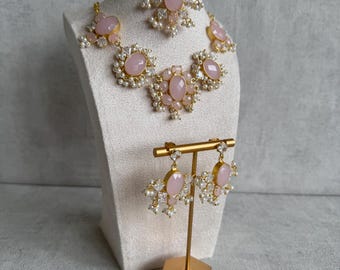 Ayura Designs Parisa Set with Tikka & Earrings – Rose Quartz, Crystals and Pearls