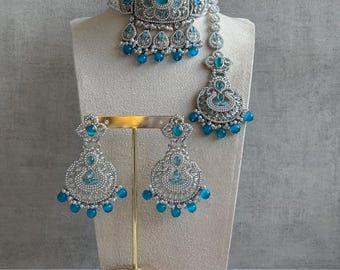 Ayura Designs Zarlish Aqua Blue  Kundan Choker Set - Indian Jewelry, Bollywood Necklace Earrings & Tikka, Pakistani Wedding Jewellery
