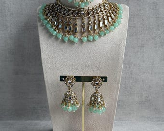 Ayura Designs Shaheen Indian Jewelry Set - Kundan Necklace, Earrings & Maang Tikka - Mint Green Bridal Jewelry