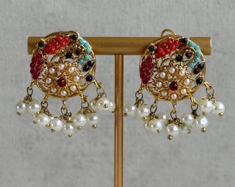 Ayura Designs Rasya Stud Earrings – Multicolour Stones with Pearl Drops & Gold Detailing