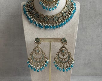 Ayura Designs Azka Set – Necklace, Earrings & Tikka with Turquoise Blue Beads, Ivory Pearls and Champagne Gold Finish
