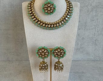 Ayura Designs Huma Indian Jewelry Set - Kundan Necklace, Earrings & Tikka - Mint Green Bridal Jewelry