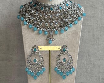 Ayura Designs Eknoor Set – Necklace, Tikka & Earrings with Aqua Blue Beads, Pearls and Silver Finish
