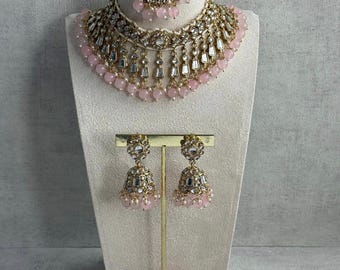 Ayura Designs Shaheen Kundan Choker Set with Earrings & Tikka, Indian Jewelry, Bollywood Style, Pink Beads