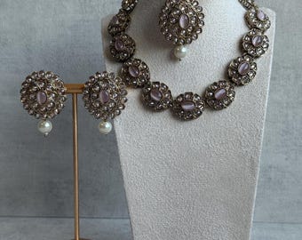 Ayura Designs Sania Indian Jewelry Set, Bollywood Style Necklace Earrings, Kundan Pearl Jewellery Blush Pink