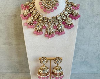 Ayura Designs Iyla Kundan Jewelry Set, Soft Pink Beads, Pearls, Tikka, Earrings