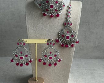 Ayura Designs Geet Set – Choker, Earrings & Tikka with Fuchsia Stones, Pearls and Silver Finish