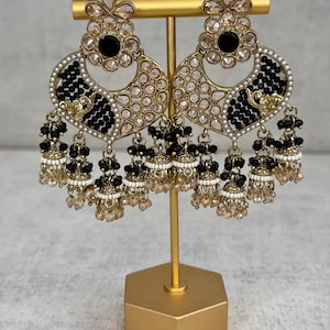Ayura Designs Isha Earrings – Antique Gold Crescent Earrings with Black Crystals, Kundan Work & Pearl Jhumka Drops